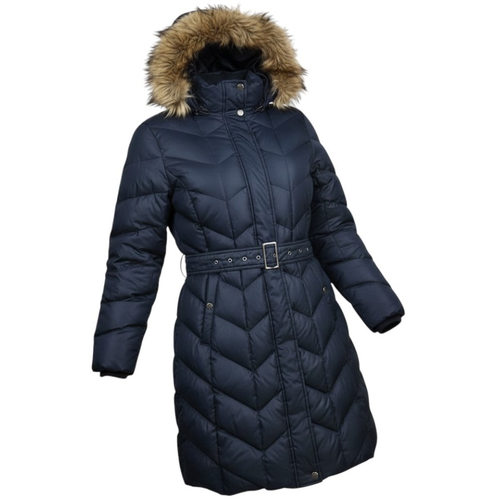 Lands' End Womens Navy Blue Down Insulated Belted Puffer Parka Faux Fur Hood L